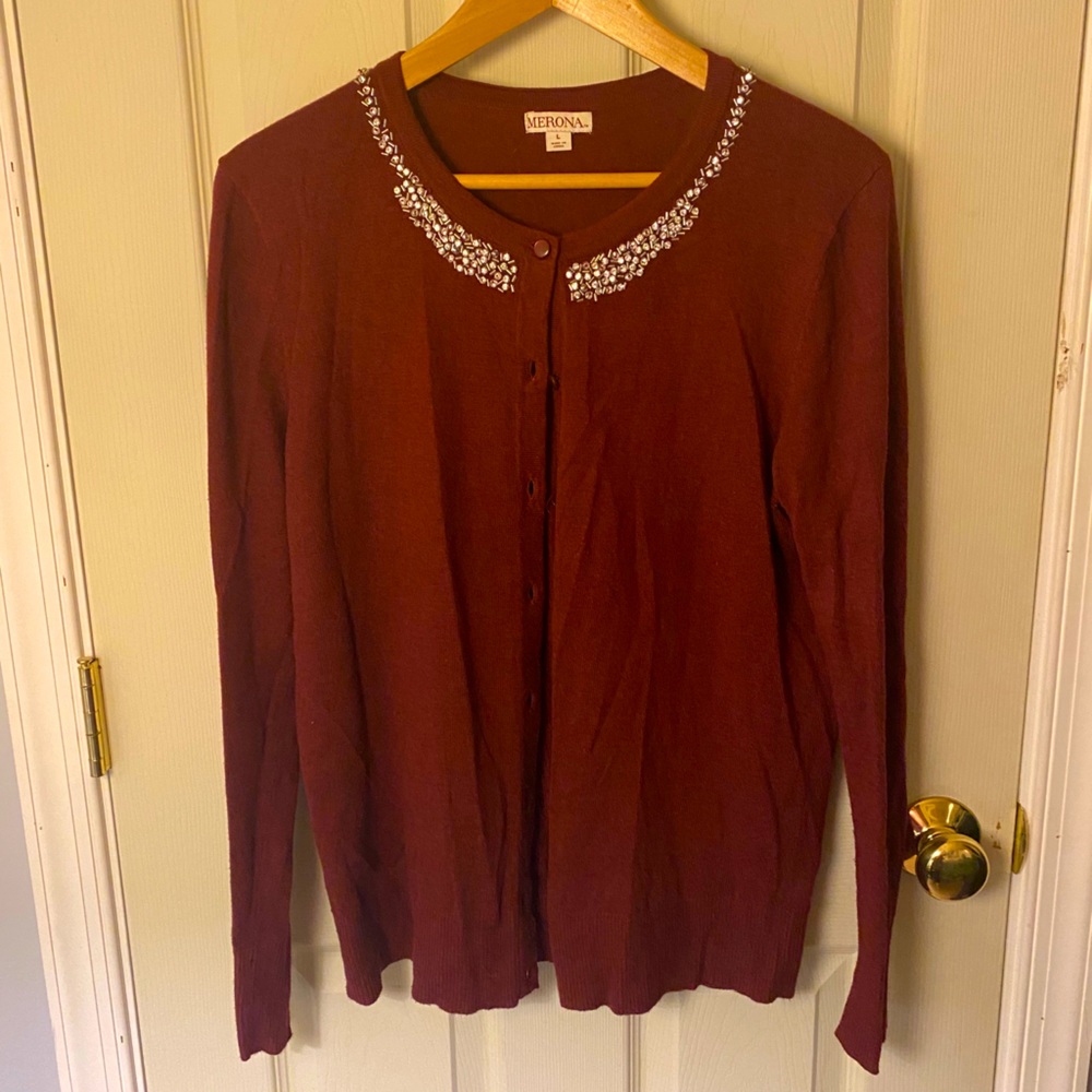 MERONA: Maroon Sliver beaded neckline Cardigan